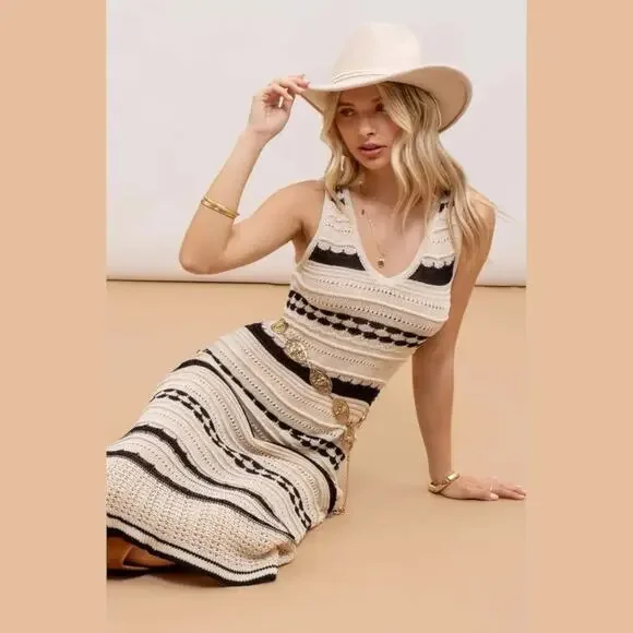 New $249 JOIE Crochet Knit Midi Dress Sleeveless Striped Ivory Coastal Chic M - Picture 3 of 15